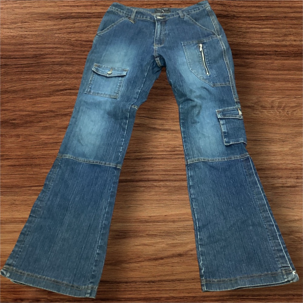 Exocet Jeans Womens 13/14 Cargo Flare Denim Medium Wash Y2K Multi Pocket Blue